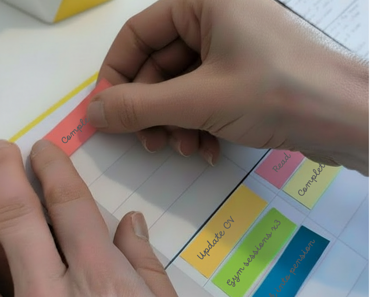 Close-up of a person's hands placing a task strip into their BananaPad task prioritisation grid