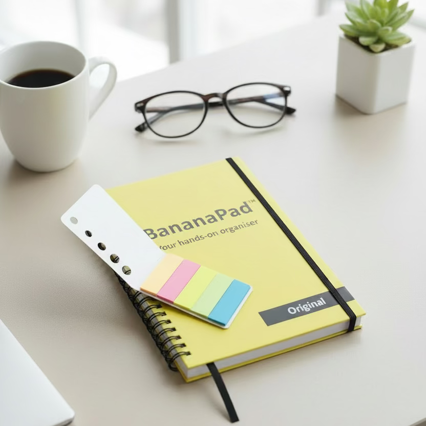 A BananaPad productivity planner on a white desk with a packet of task strips on the top.