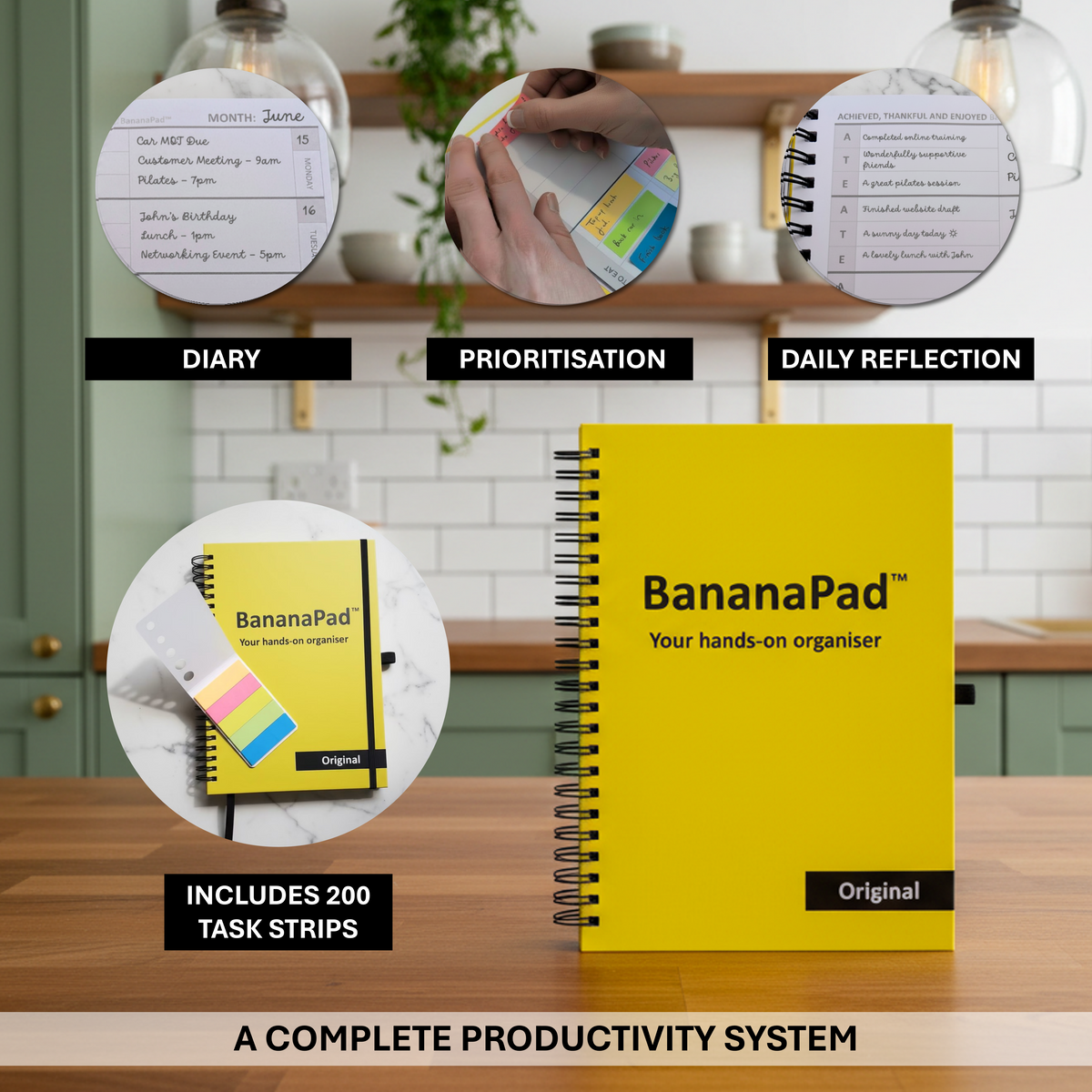 BananaPad overview with inside shots showing the diary, prioritisation grids and daily reflection sections.